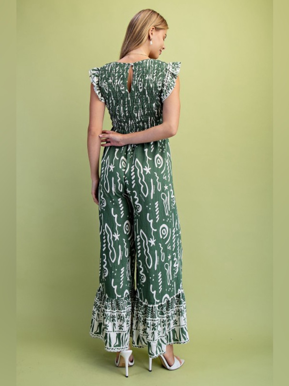 Boutique Matcha Green Boho Wide Leg Jumpsuit Ruffle Sleeve Resort Outfit - Picture 7 of 7